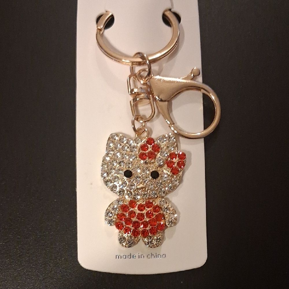 Hello Kitty Keychain With Red And White Rhinestone Accents In Gold Hardware New